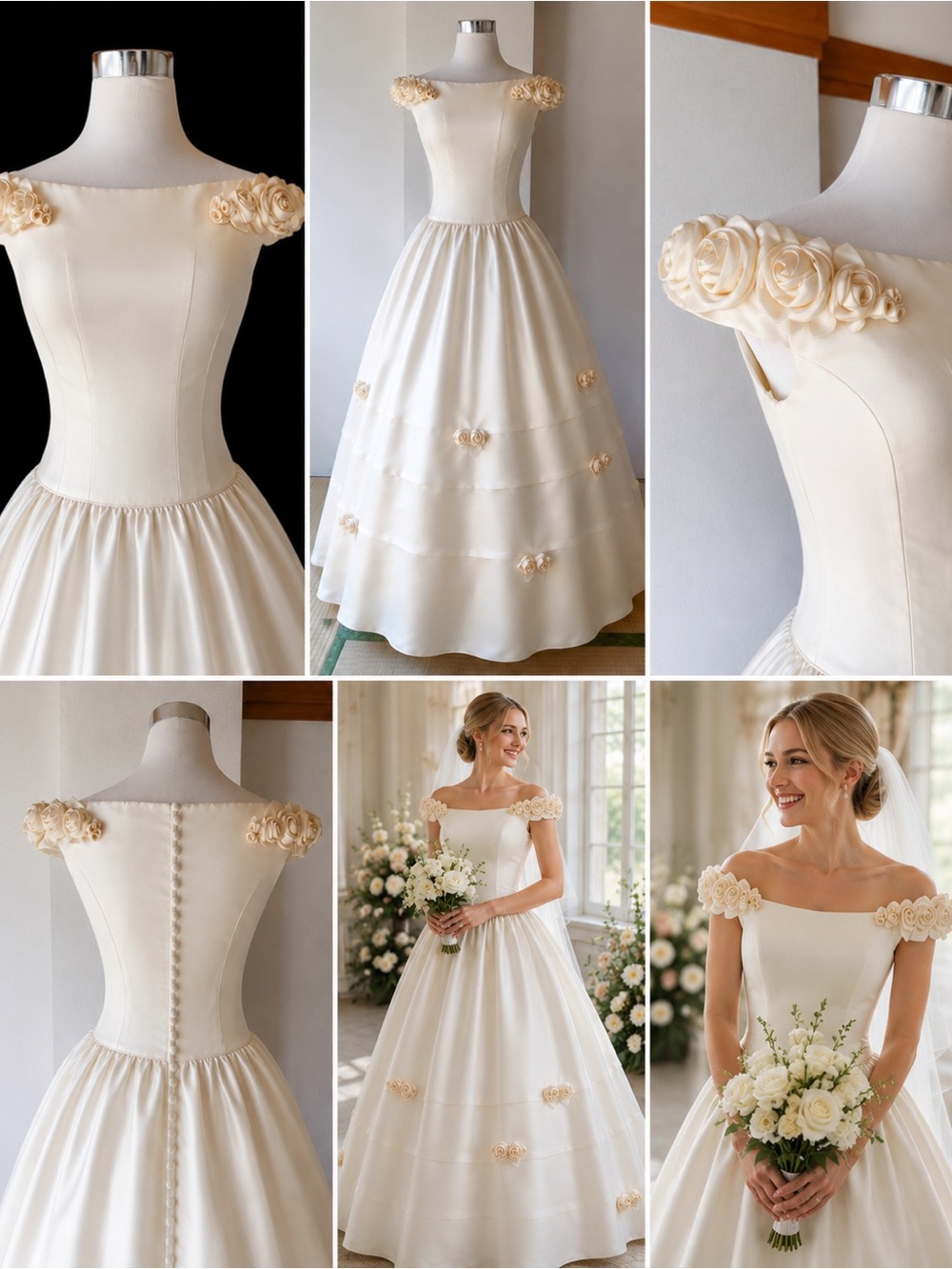 Vintage Cream Off-the-Shoulder Wedding Dress with Rosette Shoulders